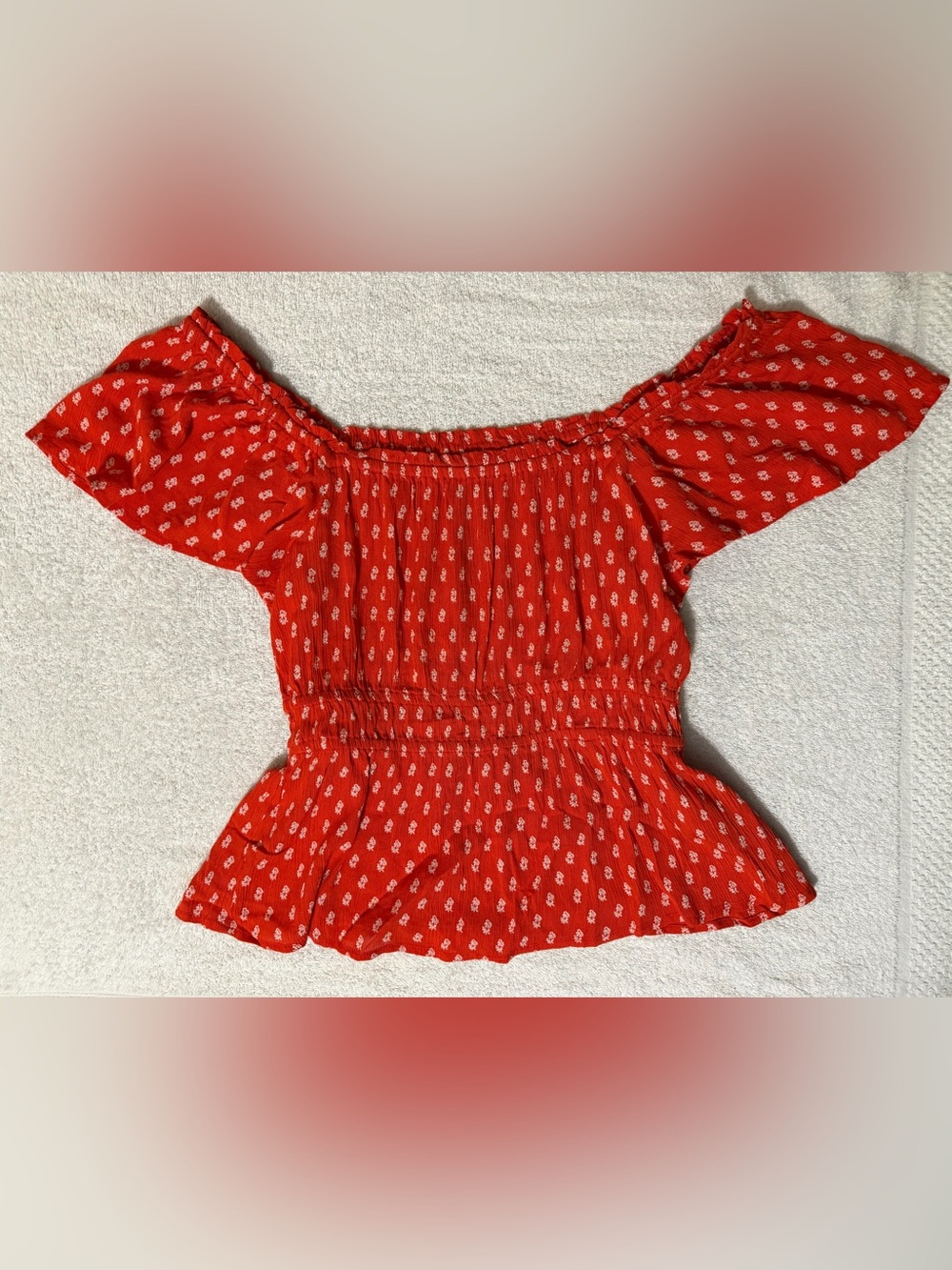 Patrons of Peace Red Ditsy Floral Smocked Off Shoulder Peplum Top Flutter Sleeve